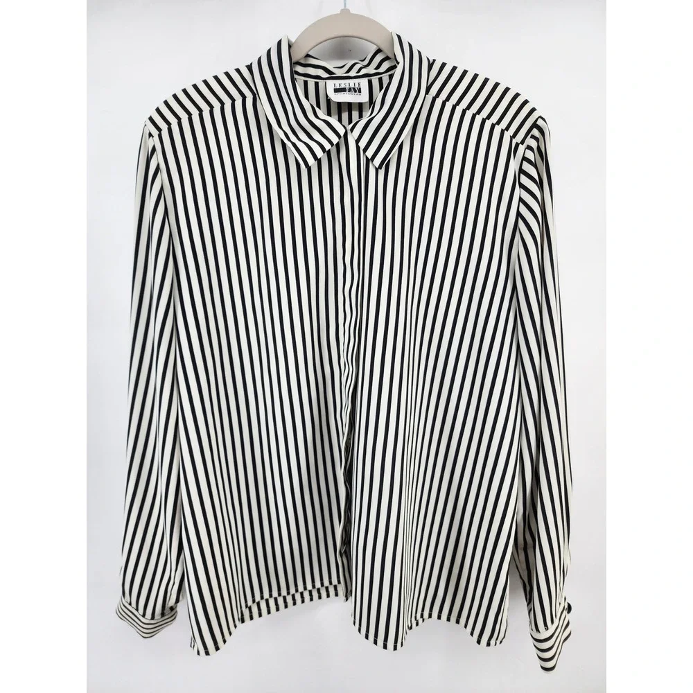 Leslie Fay Sportswear Black White Vertical Striped Button Up Blouse Shirt